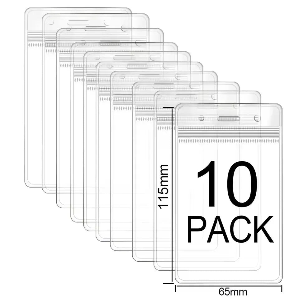 A pack of ten clear waterproof ID card holders with lanyard slots displayed in a row.