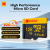 A yellow Kodak Micro SD card with 128GB capacity is shown on a white surface.
