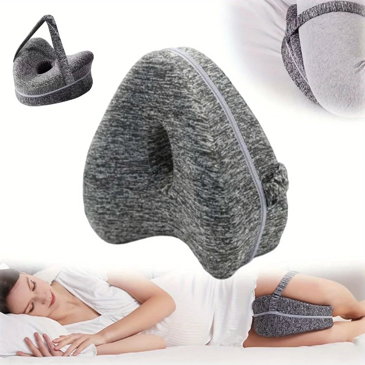 Gray orthopedic memory foam leg pillow shown in various angles and in use for side sleeping.