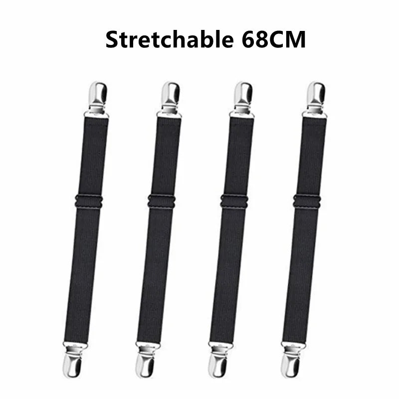 Set of four stretchable black corner straps measuring 68cm for bed sheets