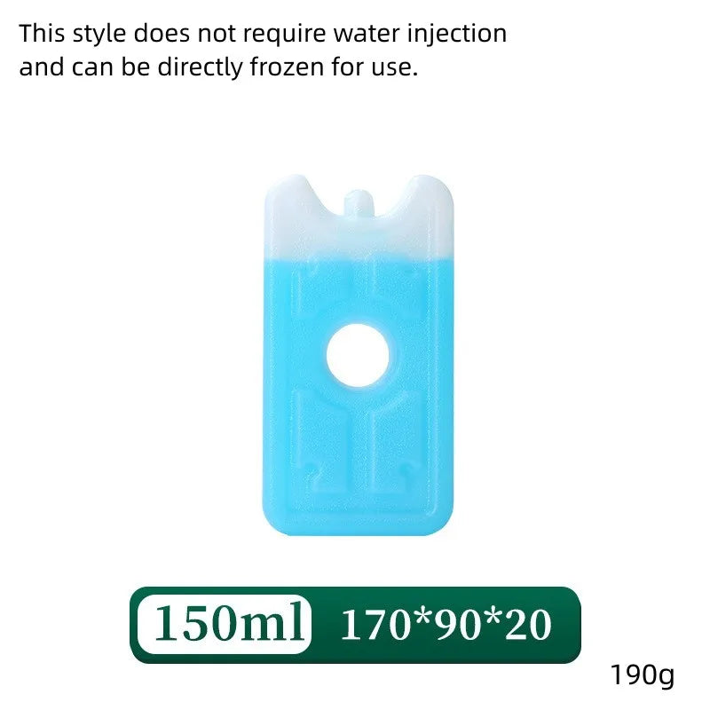 A clear blue reusable ice pack with a circular opening, described as a style that does not require water injection and can be