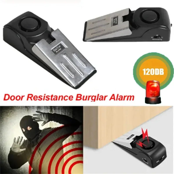Dispositif anti-effraction en forme de coin noir pour porte, montré sous divers angles et contextes d'utilisation.