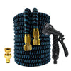 A coiled black and blue expandable garden hose with an adjustable high-pressure nozzle.