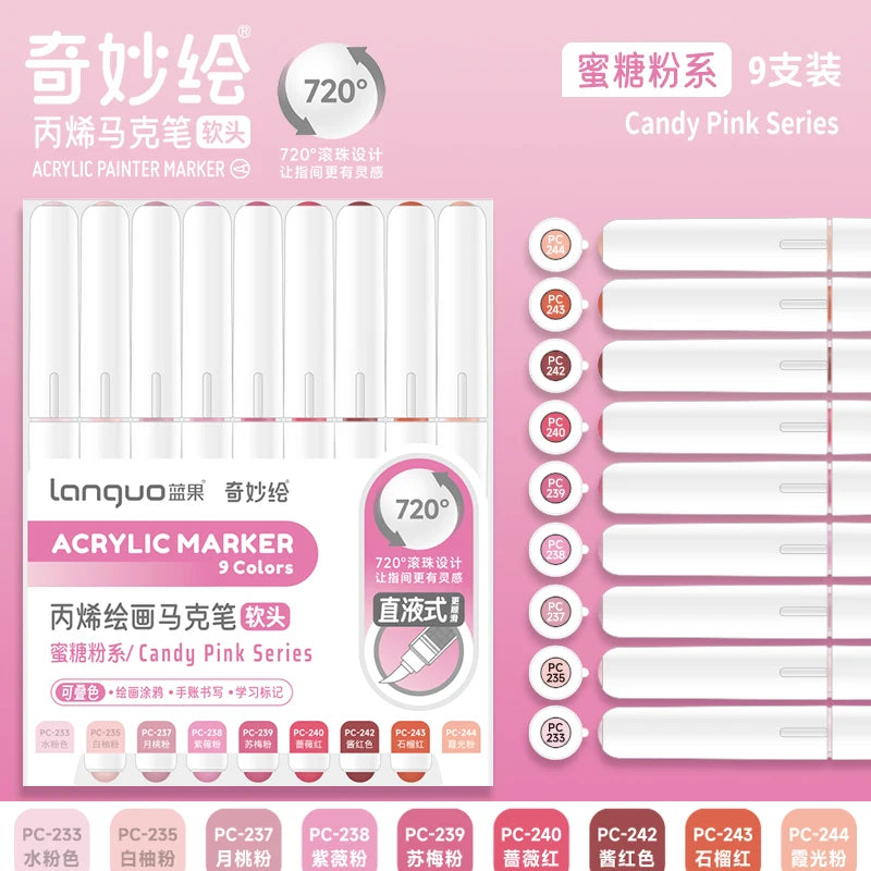 A set of 9 colored acrylic paint markers with 720 degree rotation capability and fine tips.