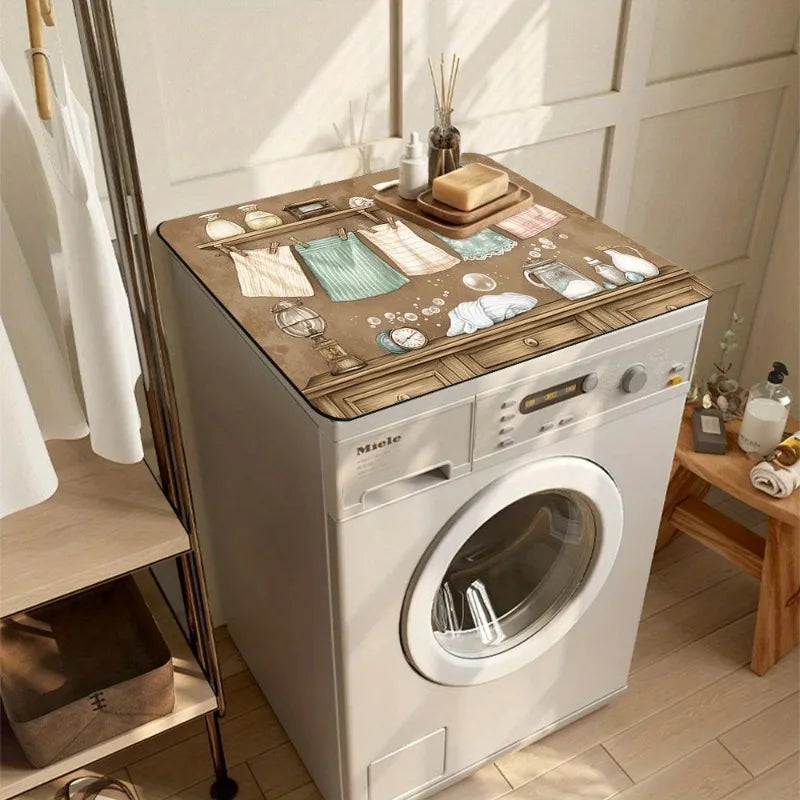 A white retro laundry room washer and dryer unit with a wooden top cover displaying various items.