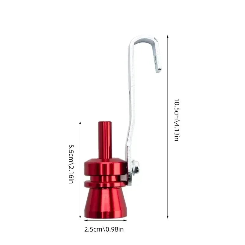 A red exhaust turbine whistle with a silver mounting bracket and a long curved pipe.