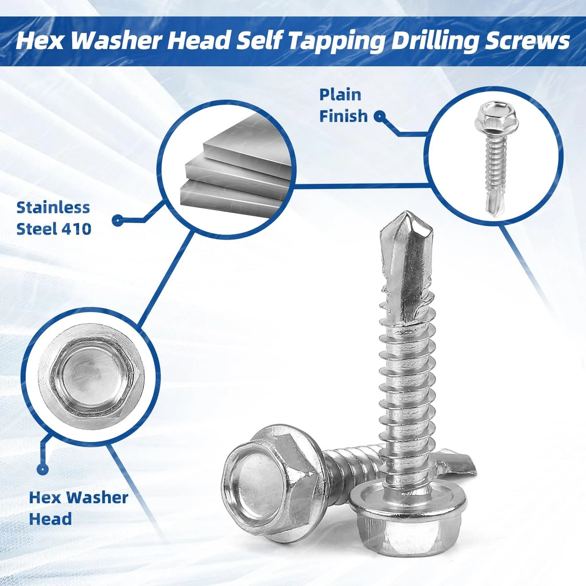 Stainless steel hex washer head self-tapping drilling screws shown with various finishes and sizes.