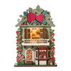 A decorative DIY book nook featuring a strawberry-themed facade with LED lighting and preserved fruits.