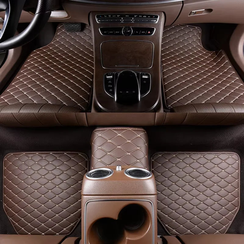 Interior view of a car showing waterproof leather floor mats and controls.