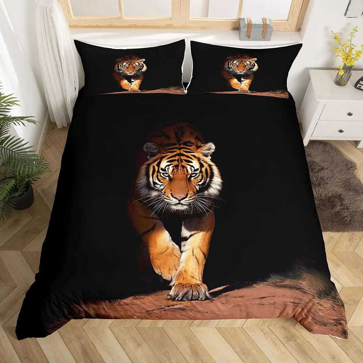 Black duvet cover set featuring realistic tiger prints and artwork