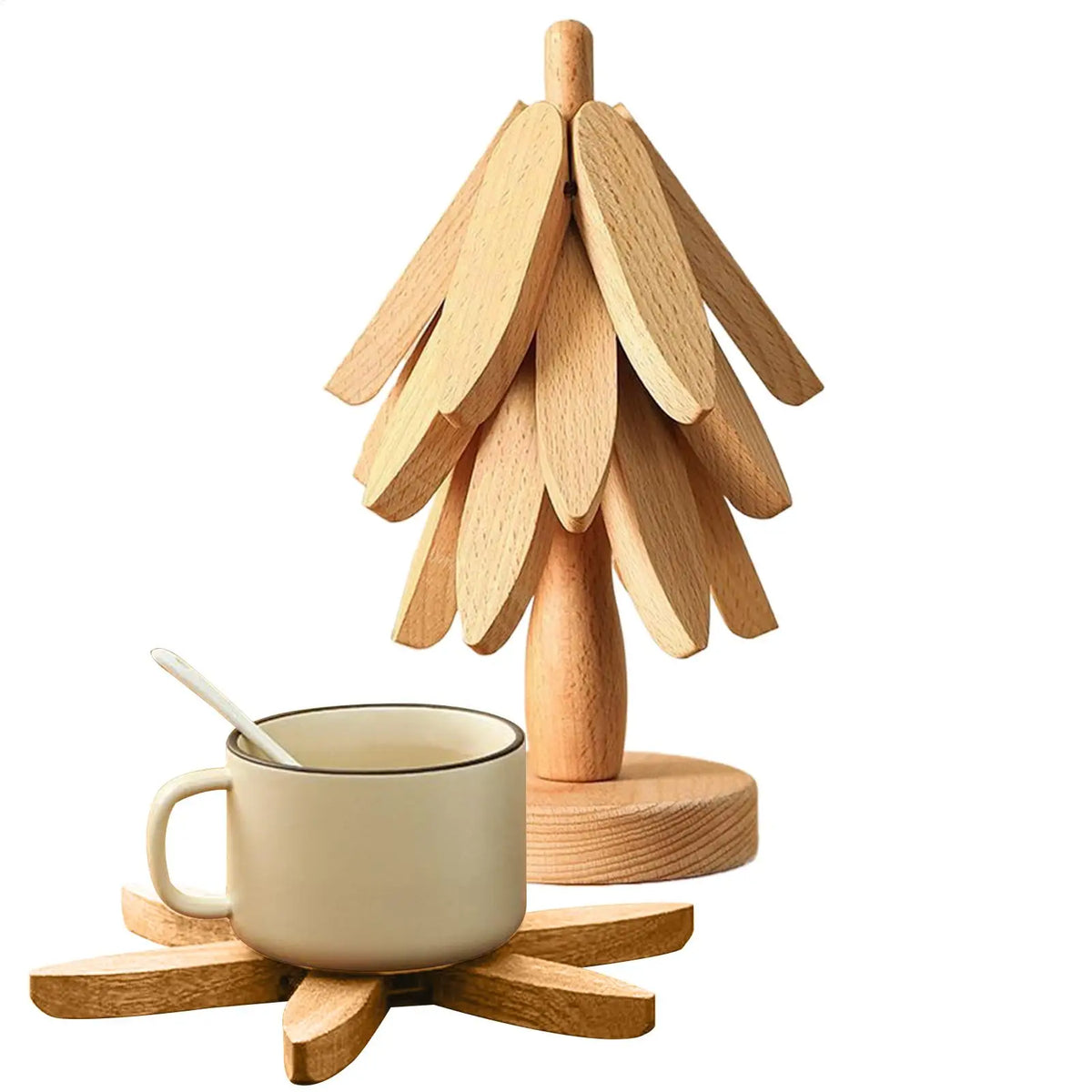 Holz-Trivet-Set mit gefaltetem Baumdesign und Keramiktasse auf runder Holzbasis.