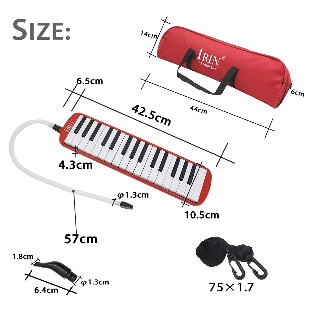 A red 32-key melodica instrument with a carrying case and mouthpiece shown alongside its dimensions.