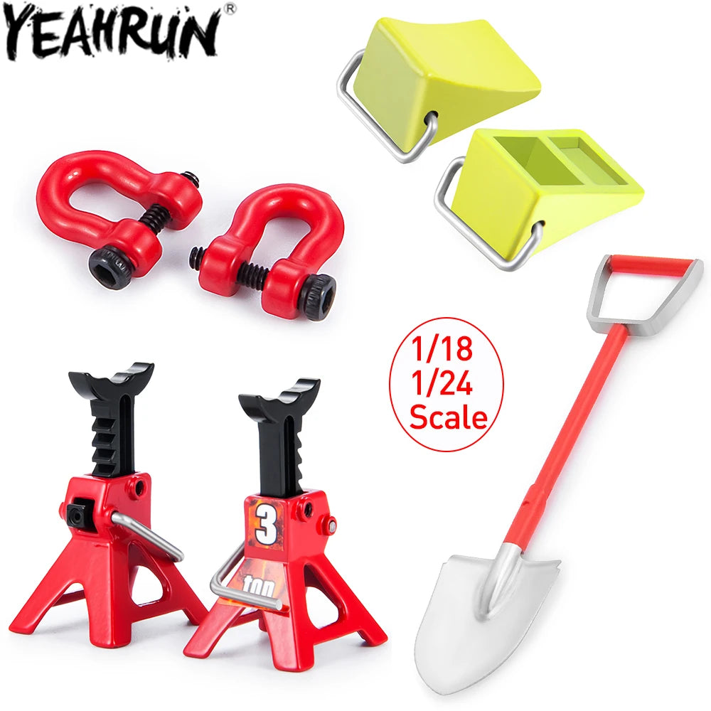 A set of red mini jack stands and tools for 1/18 and 1/24 RC crawlers.