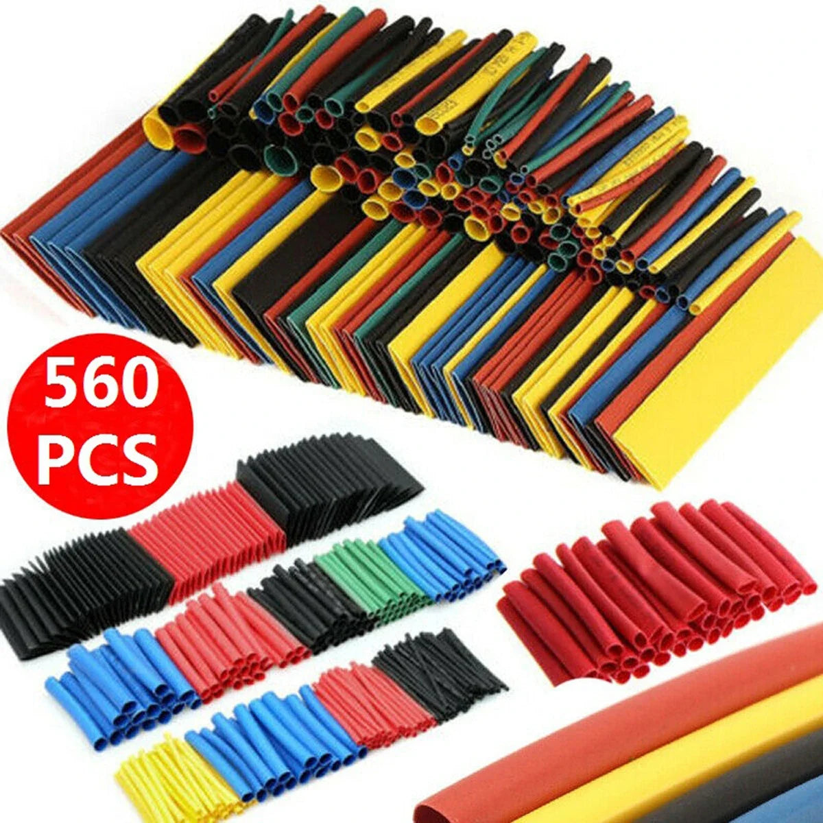 Assortment kit of heat shrink tubing in various colors and lengths for wire protection.