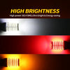 Three variations of high brightness LED bulbs showing white, red, and yellow light output.