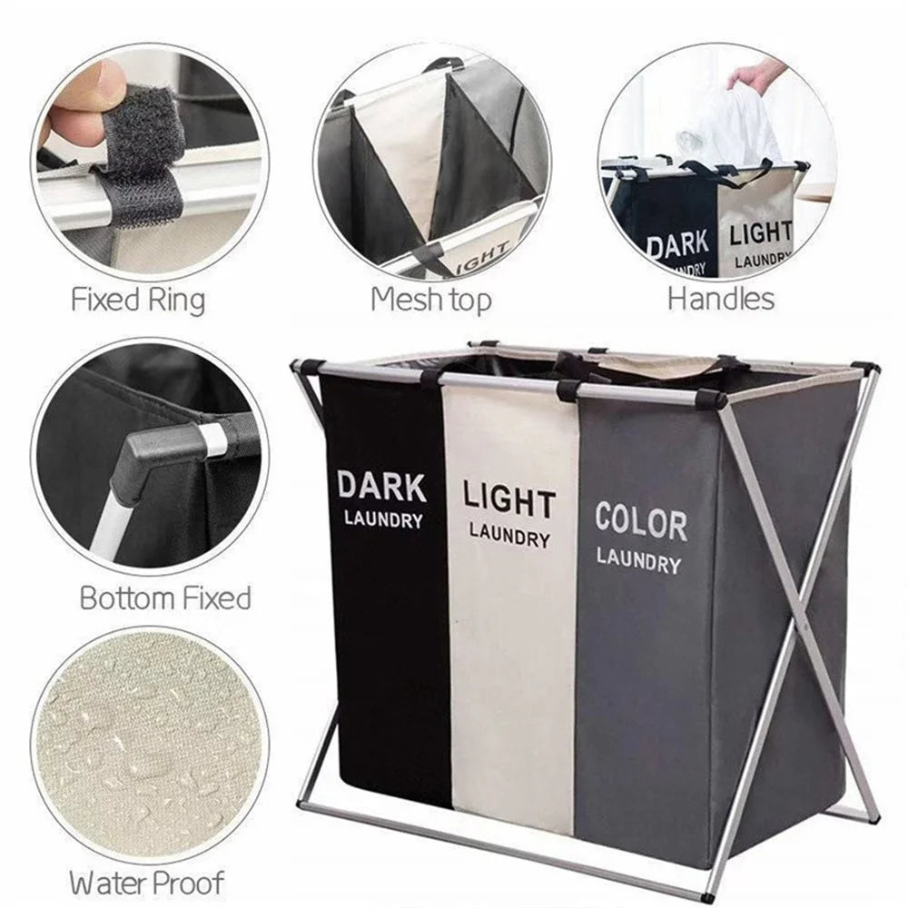 Foldable waterproof laundry basket with dark and light sorting compartments and handles