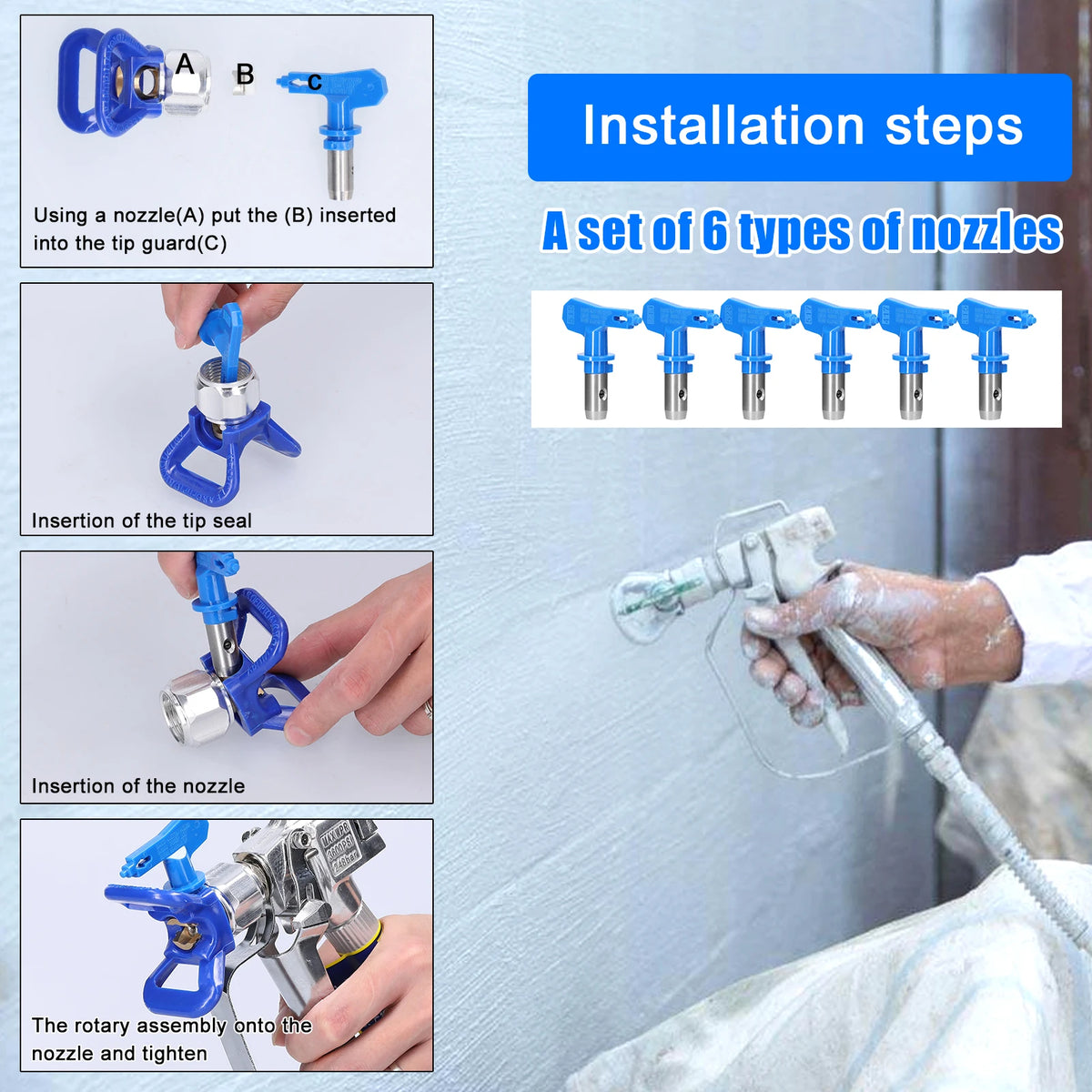 A set of six types of paint spray nozzles and related tools for installation