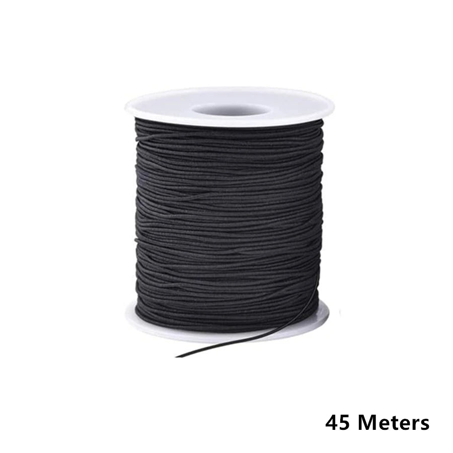 A roll of black 1mm elastic stretchy cord for jewelry making, measuring 45 meters long.