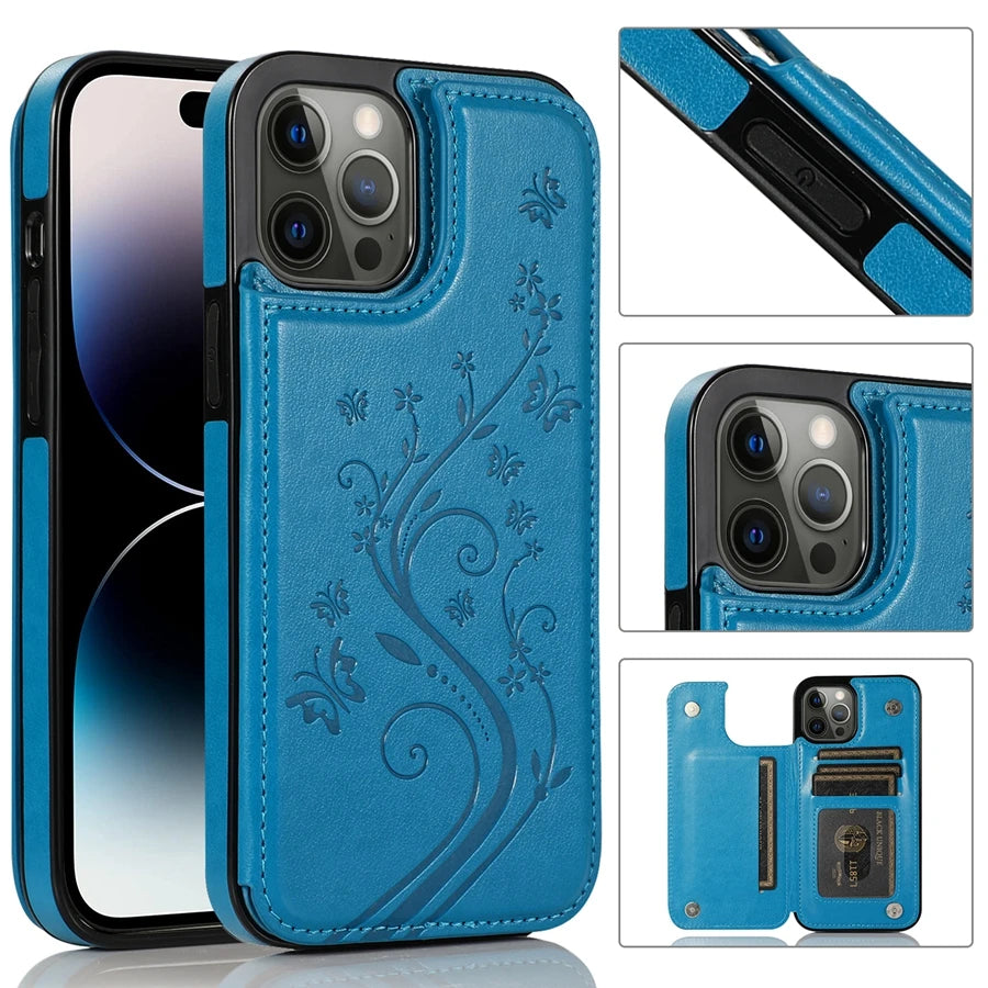 Butterfly Embossed Leather Wallet Case with Magnetic Flip Closure