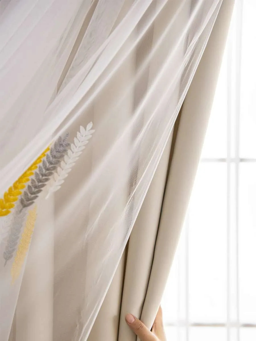 Elegant Wheat Field Embroidered Curtain with Lace Trim