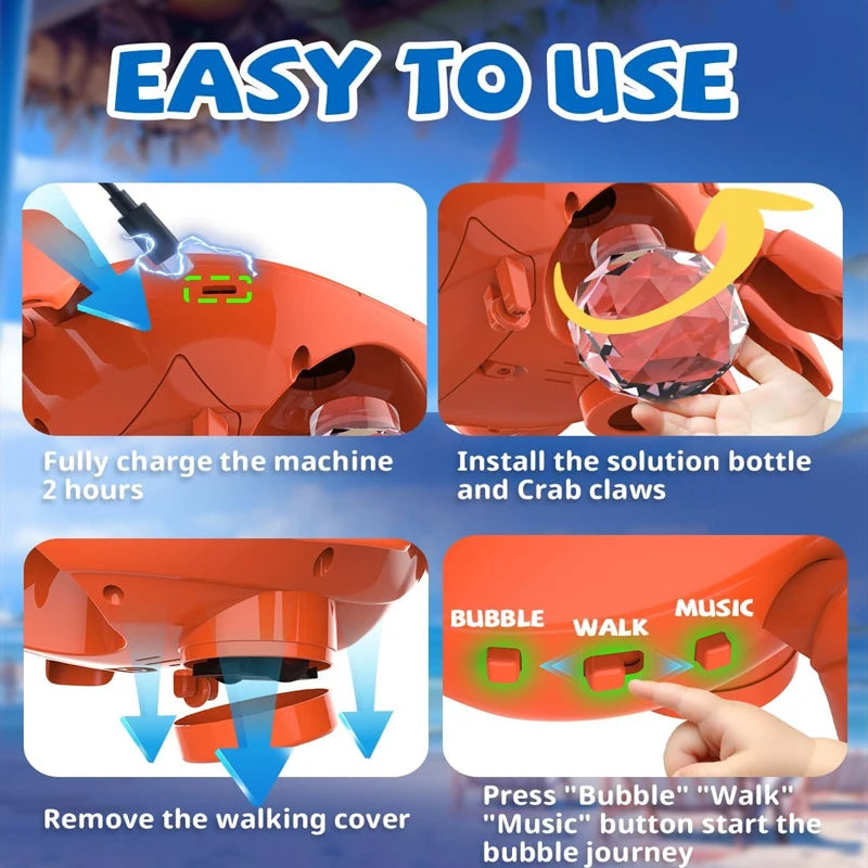 An orange crab bubble blower is shown with instructions for charging, installing solution bottles and crab claws, and using t