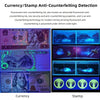 Comparison of currency and stamp anti-counterfeiting detection using fluorescent ink under 365nm violet light.