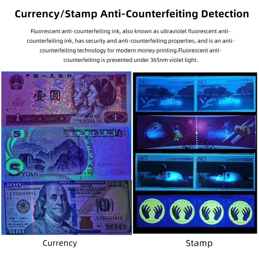 Comparison of currency and stamp anti-counterfeiting detection using fluorescent ink under 365nm violet light.
