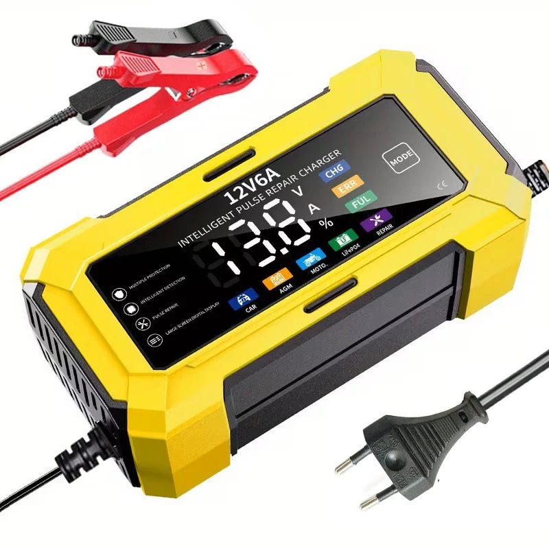 Yellow intelligent 12V6A pulse repair battery charger with LCD display and red cable