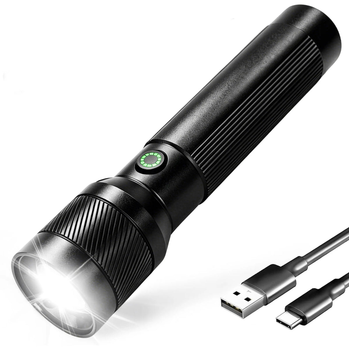 A black high-lumen rechargeable LED flashlight with a silver lens and a detachable connector.
