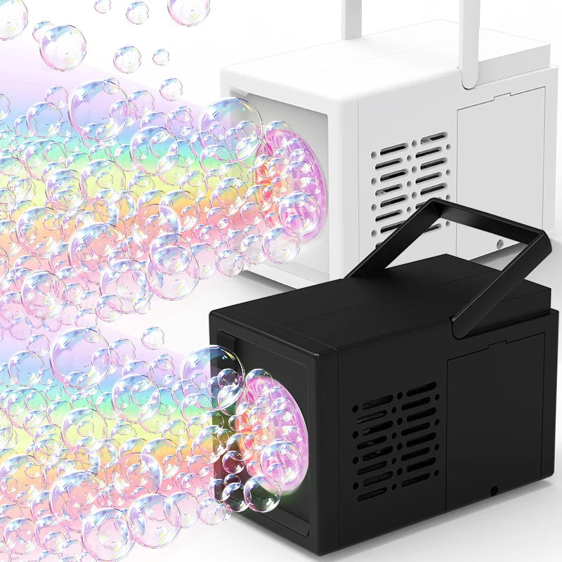 A black automatic handheld bubble blower device is shown next to its white charging or base unit, with colorful bubbles being