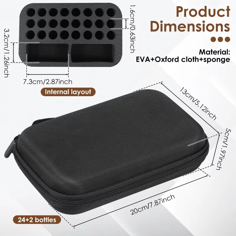 A black portable EVA hard case for insulin and peptide vials, showing its internal layout and dimensions.