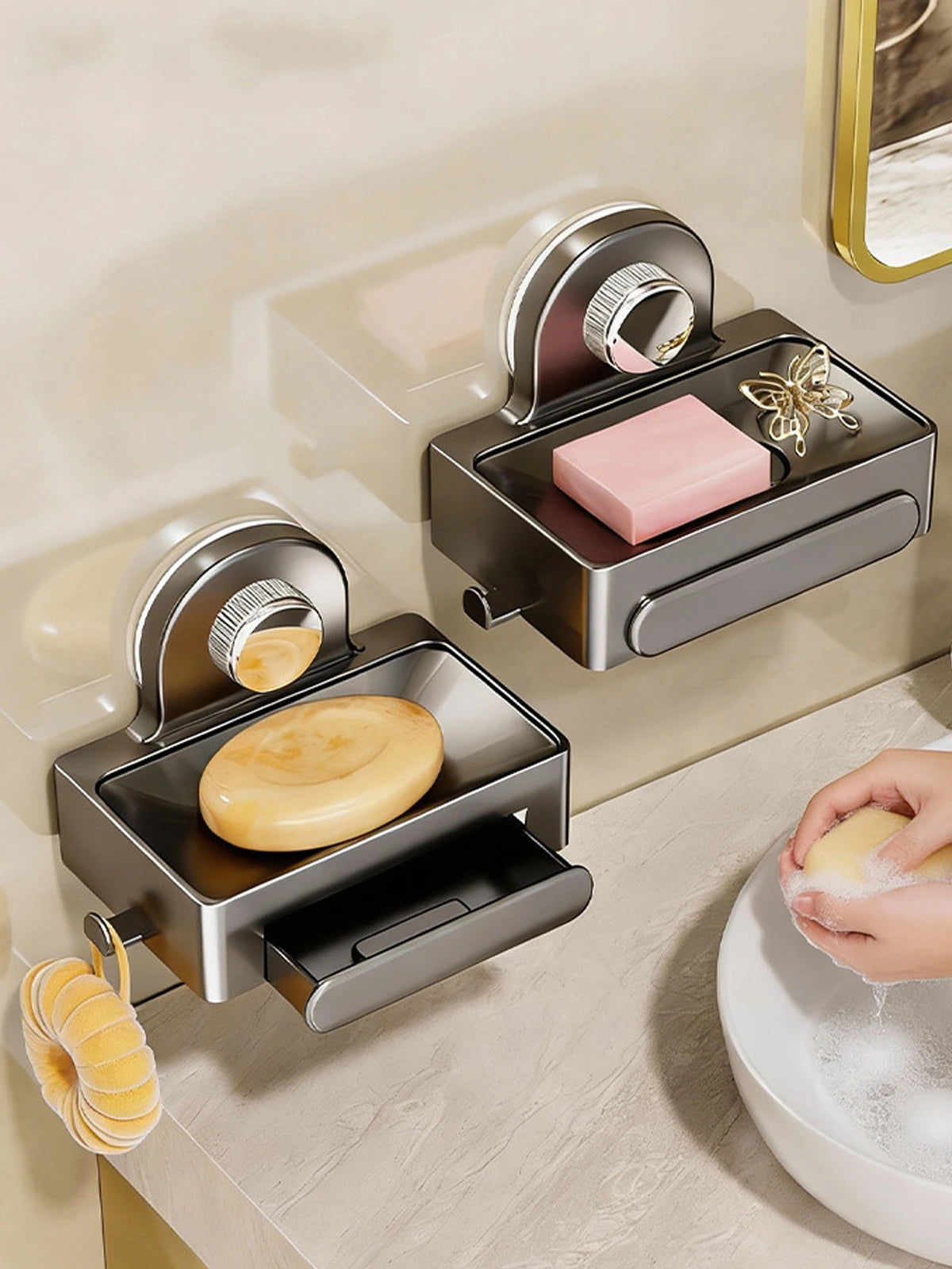 Chrome wall-mounted soap dish with drain tray holding pink soap and a yellow bar of soap