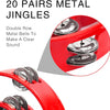 Red half-moon tambourine with double row metal jingles shown in close-up.