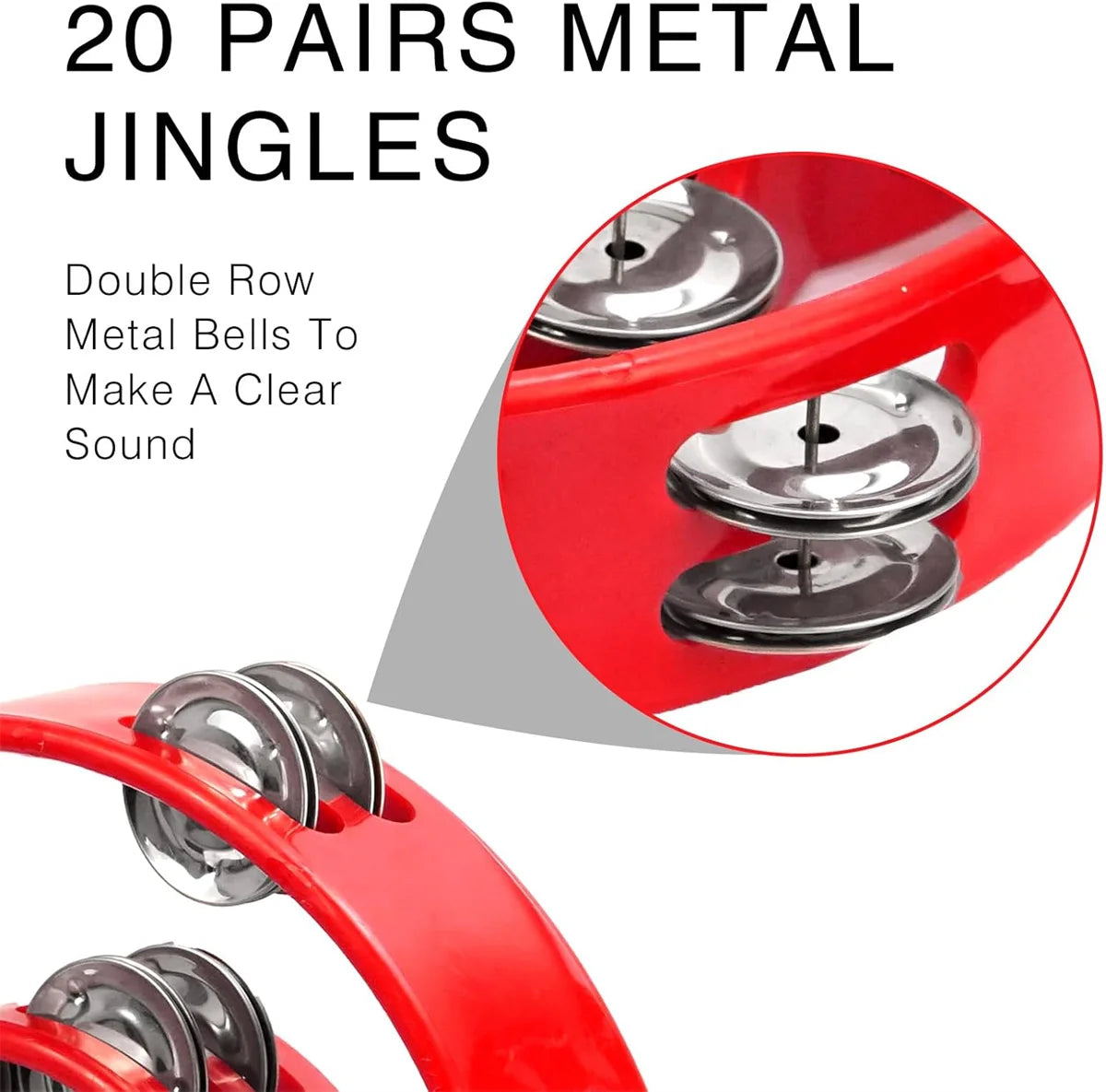 Red half-moon tambourine with double row metal jingles shown in close-up.