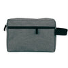 A gray waterproof travel toiletry bag with a black zipper and strap.