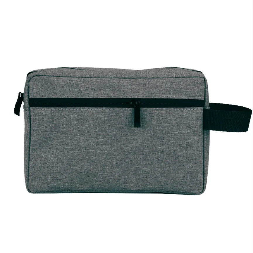 A gray waterproof travel toiletry bag with a black zipper and strap.