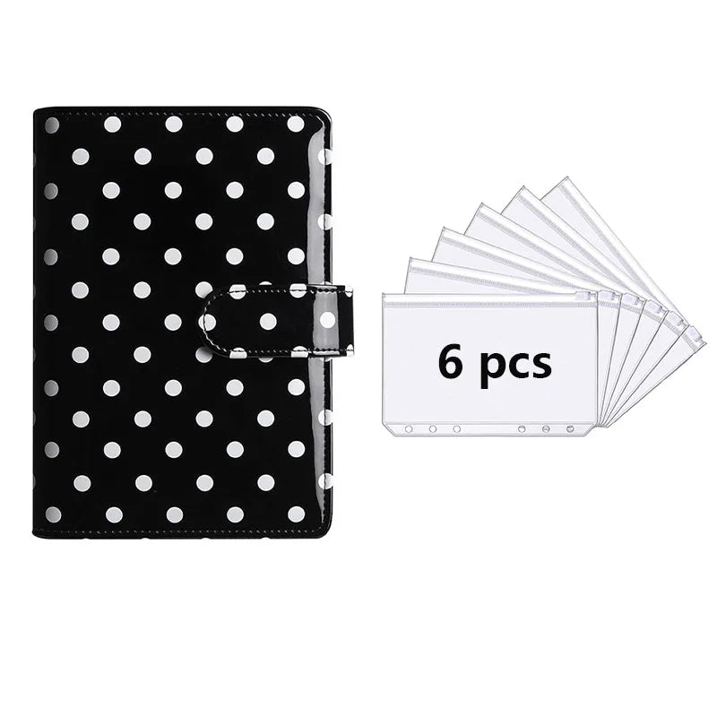 Black polka dot PU leather binder wallet with cash envelopes and card holder featuring six cards