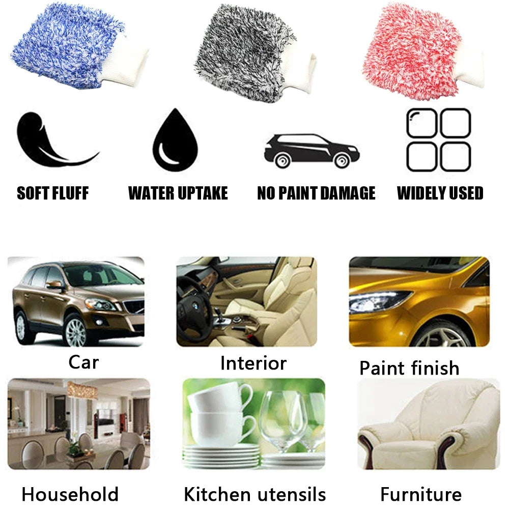 Microfiber car wash mitts shown for various uses including car, interior, household, kitchen utensils, and furniture.