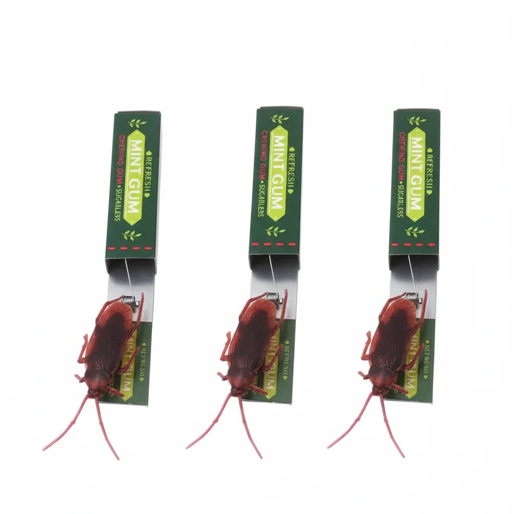 Three sticks of realistic cockroach prank gum with green packaging and red legs