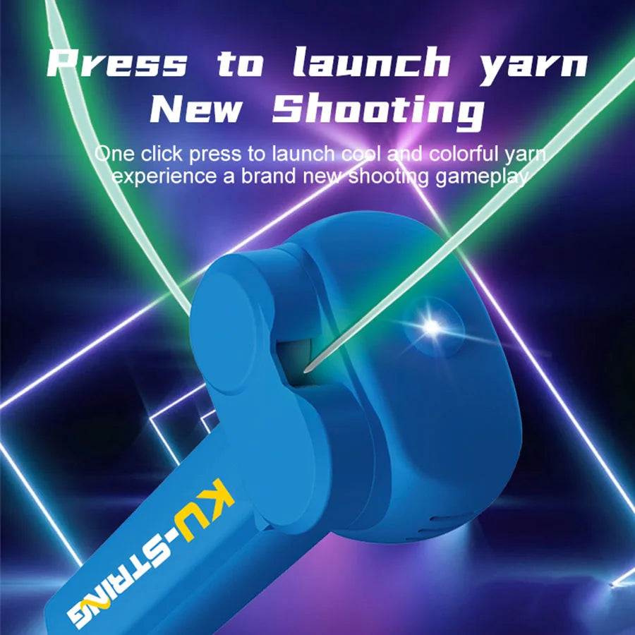 A blue string launcher toy is shown with bright light beams against a dark purple background.