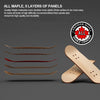 A stack of five layers of maple wooden finger skateboards showing different wood tones and shapes.