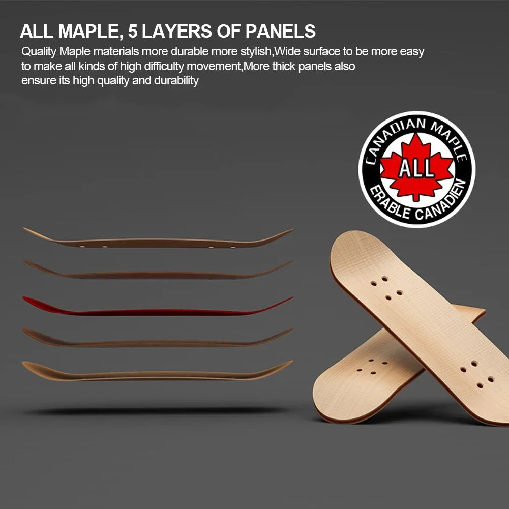 A stack of five layers of maple wooden finger skateboards showing different wood tones and shapes.