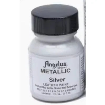 Bottle of Angelus Metallic Silver leather paint for DIY art projects