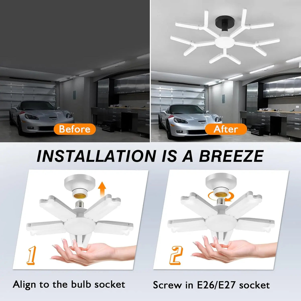 Installation guide showing how to align and screw in an E26/E27 light bulb for a garage light.