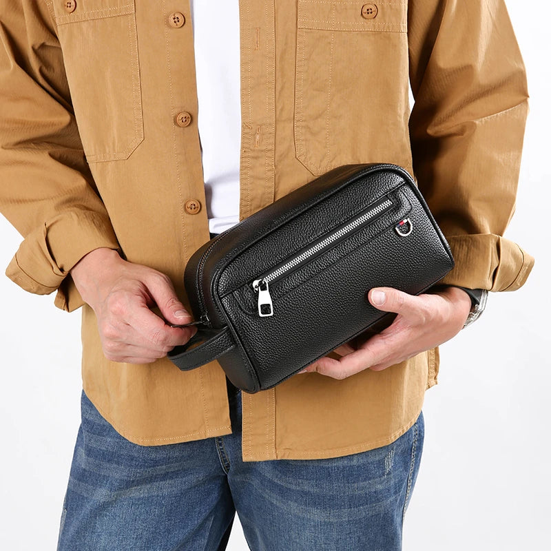 Men's Soft Leather Business Clutch Bag – Minimalist Travel Handbag with Zipper Closure