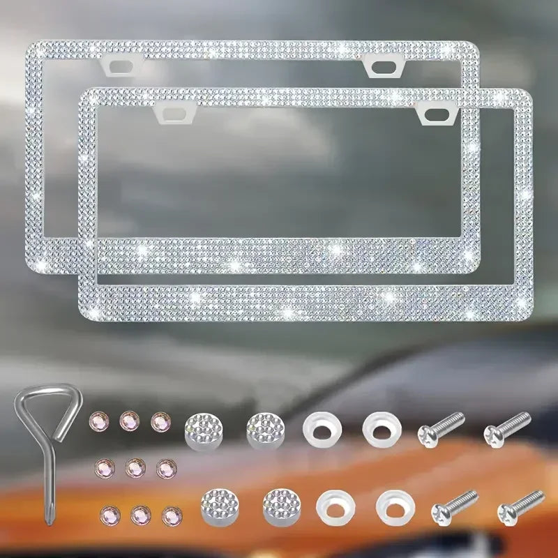 A set of crystal rhinestone license plate frames and various rhinestone components for car customization