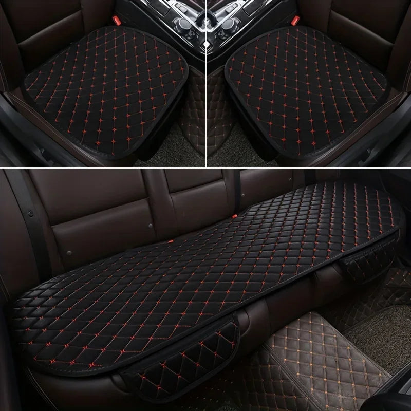 A set of three black quilted car seat covers for universal protection, shown in close-up and installed on a vehicle interior.
