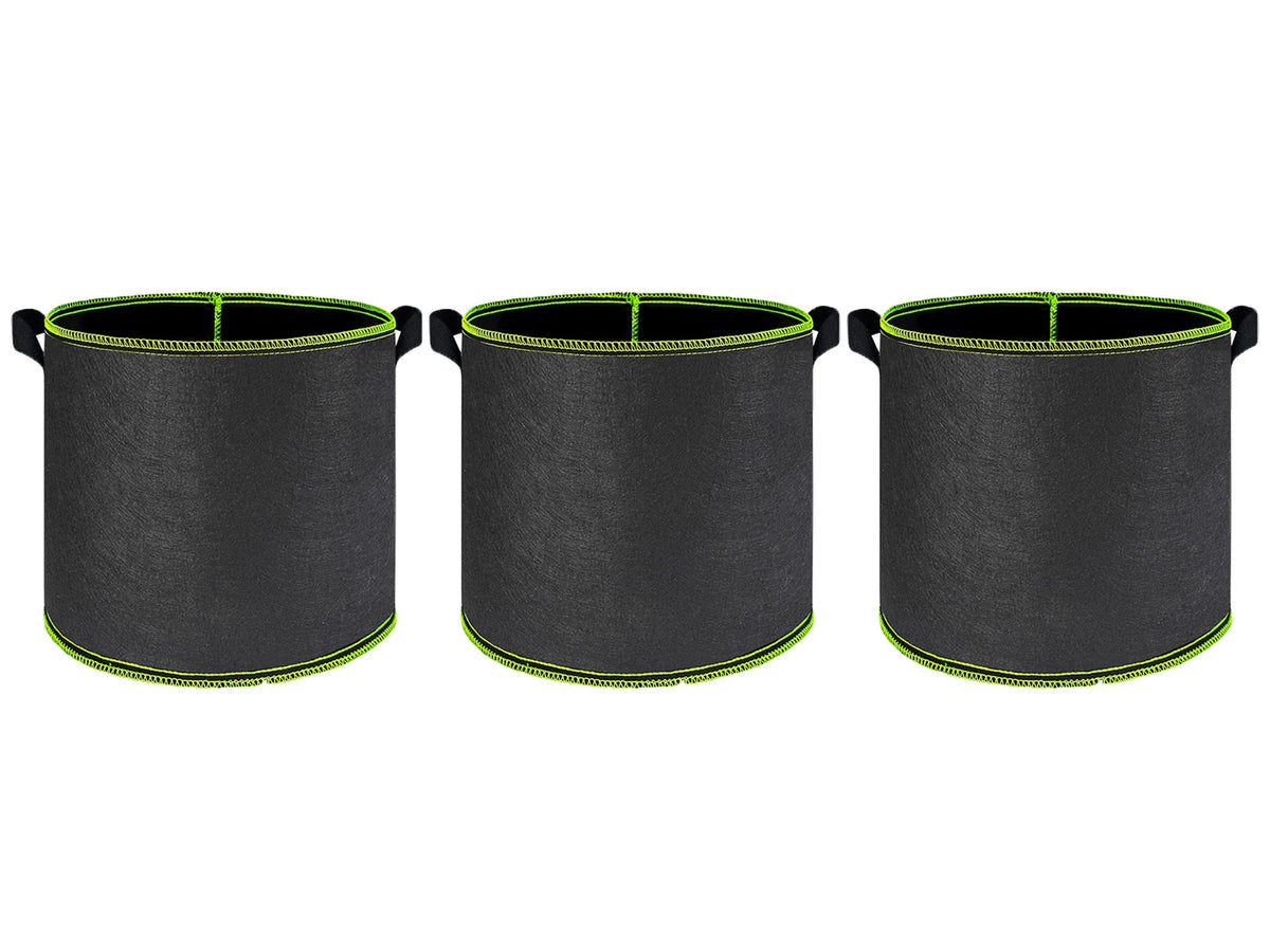 Three black heavy-duty non-woven fabric grow bags for plants, shown side by side.