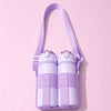 A purple breathable mesh crossbody water bottle carrier with two transparent bottles.