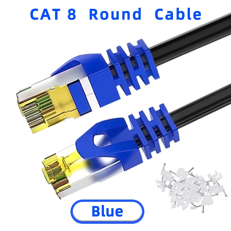 Blauer CAT 8 Rundkabel mit Stecker und losen Kabelenden